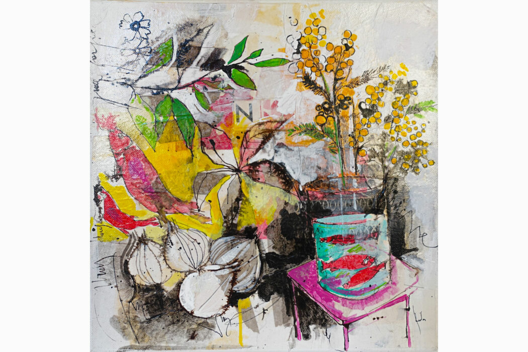 Bocal et mimosa - Cécile Colombo - tableau contemporain