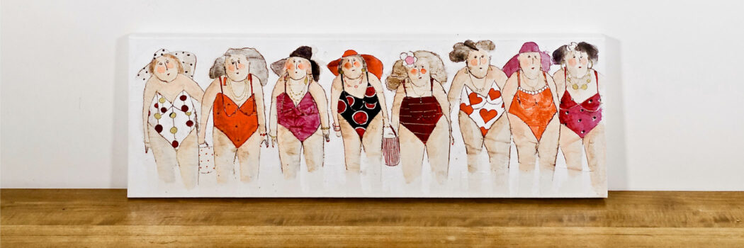 Les filles en rose - girls in pink - Peinture technique mixte - baigneuses en maillots - Cécile Colombo - vue situation