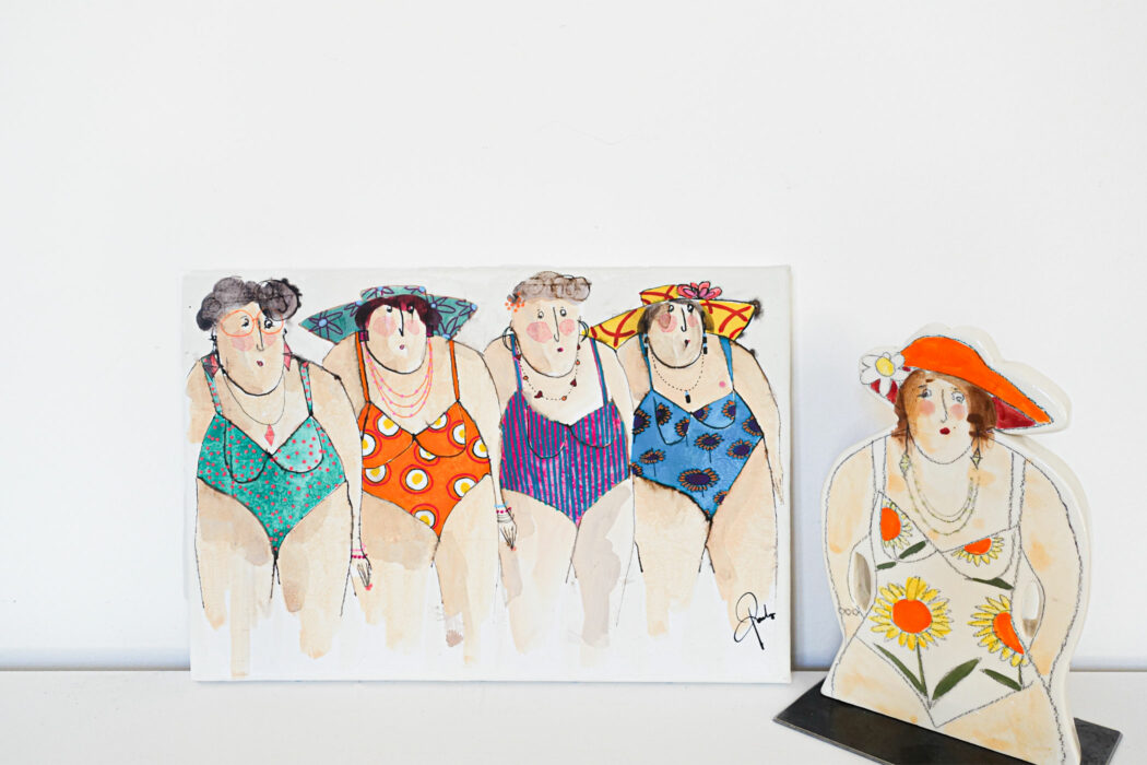 Peinture technique mixte - baigneuses en maillots - Cécile Colombo - en situation
