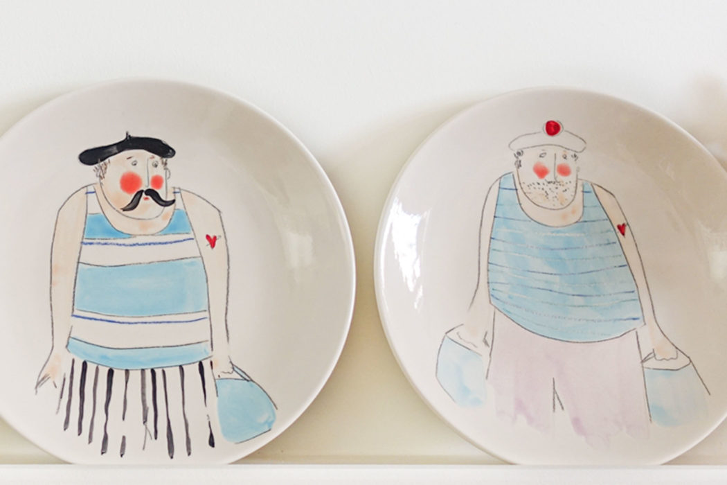 Lot 4 assiettes 4 - Set of 4 bathers' plates 4 -Colombo - céramique - détail